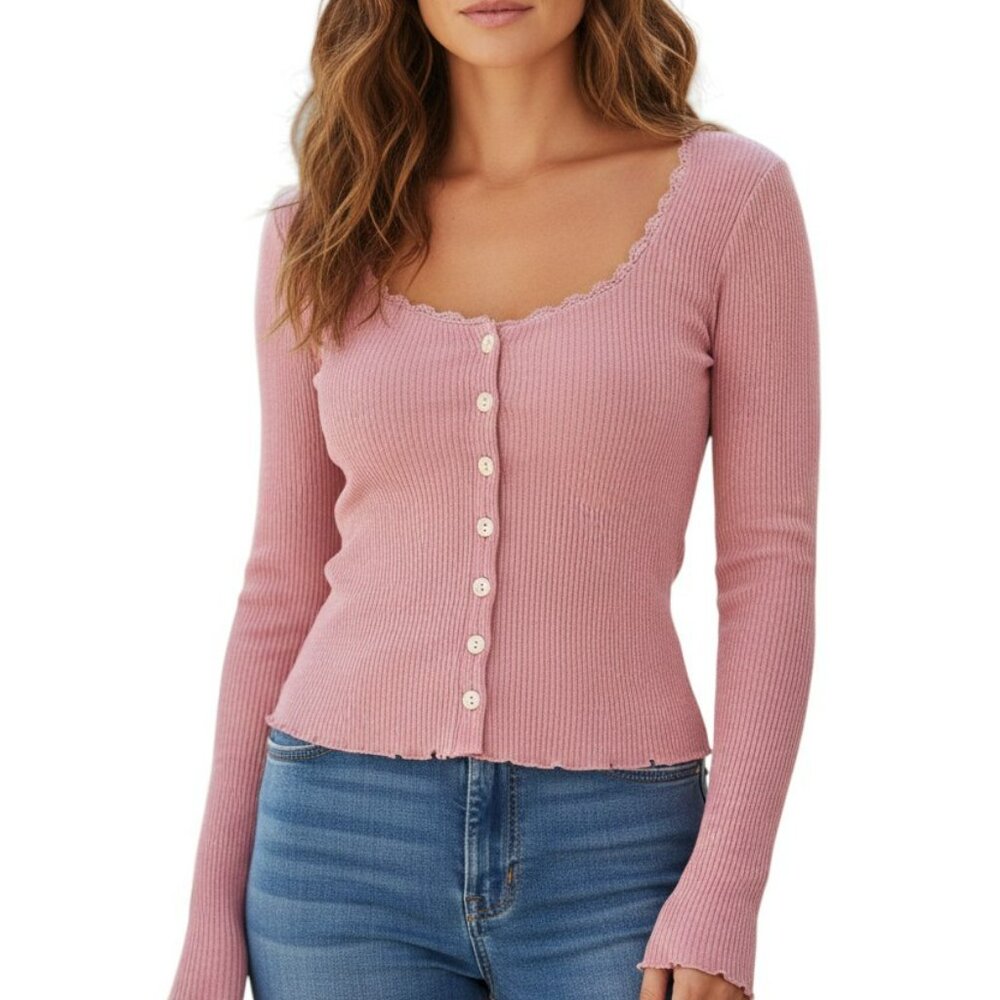 Vylette Top  Women's   Size XS  Pink  Lace Trim Ribbed # 296